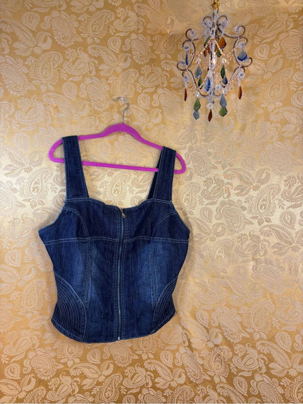 ✨Vintage Y2K Boho Dark Wash Denim Contrast Stitch Corset Top✨